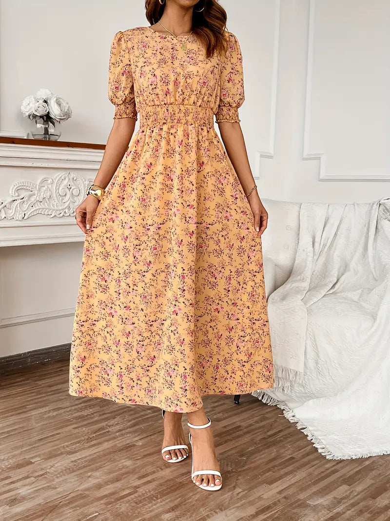 Women's elegant summer dress with puff sleeves, smocked waist, lightweight breathable fabric, timeless silhouette