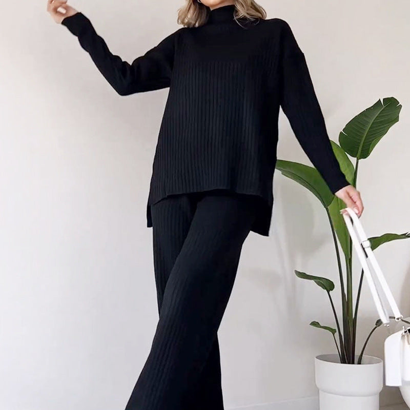 Women's beige turtleneck knit dress set with straight-leg pants, casual chic coordinated ensemble