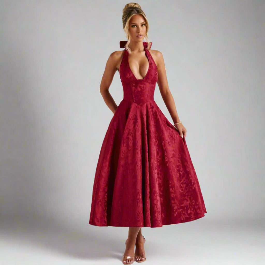 Black halter midi gown with sculpted bodice, elegant flowing skirt for formal evening wear