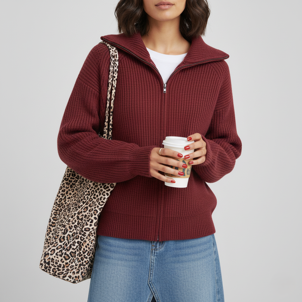 Women's slim fit ribbed knit cardigan high collar zipper closure sleek layering essential