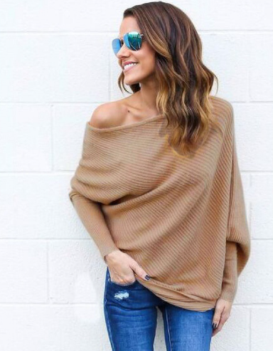 Women's off-shoulder ribbed knit oversized sweater in neutral tone, long sleeves casual chic fall style
