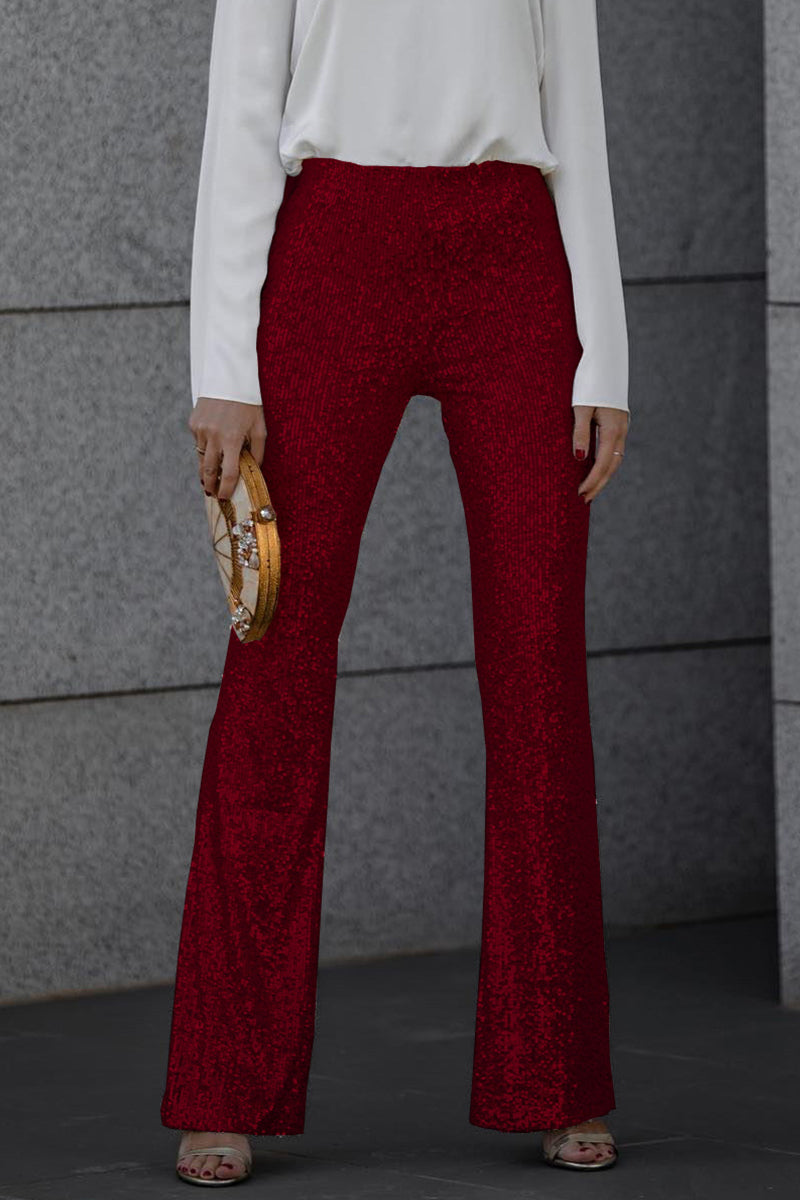 Women's silver flared sequin trousers party wear with all-over sparkle and leg-lengthening silhouette