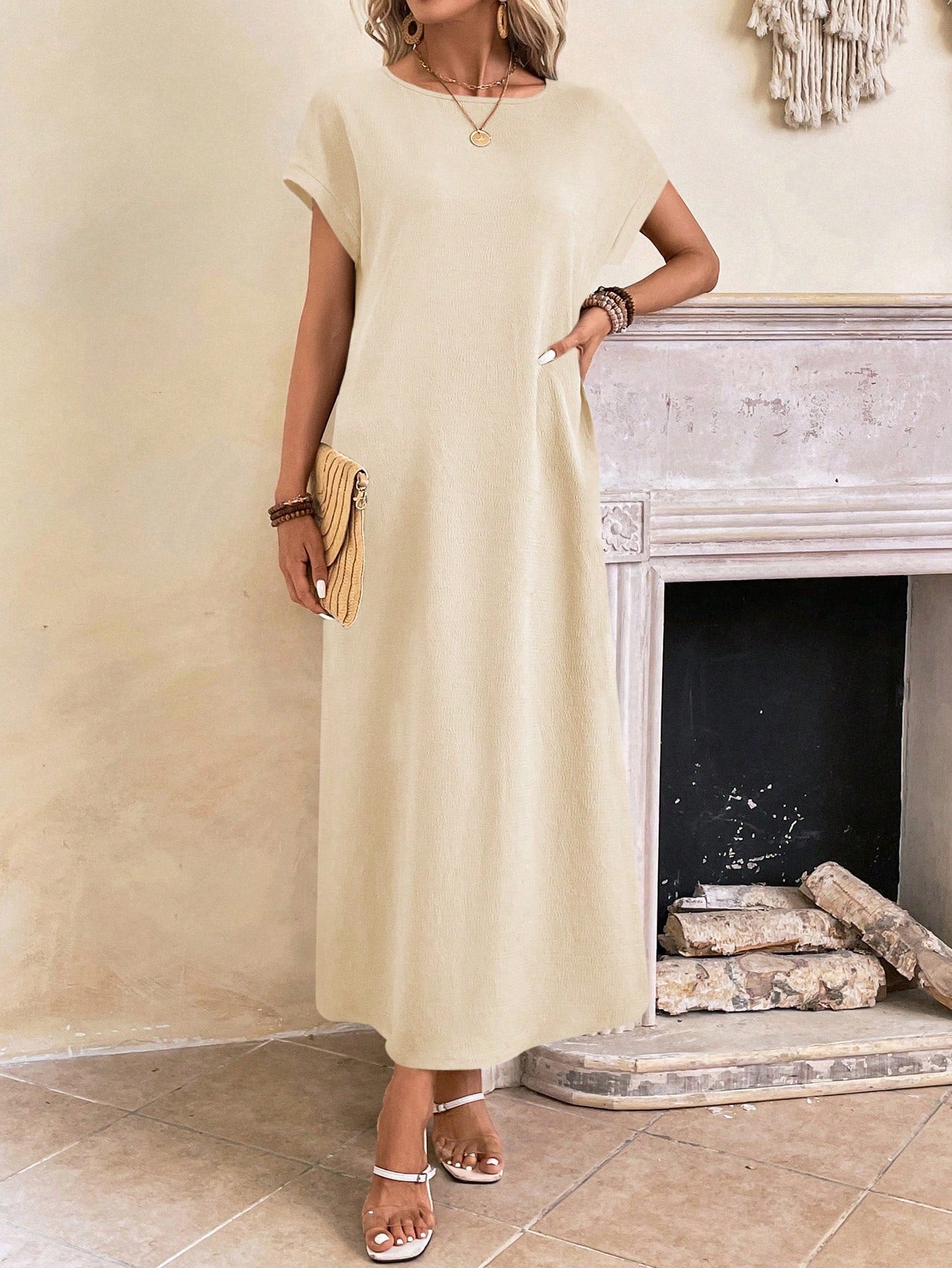 Women's casual batwing sleeve tunic dress relaxed fit round neckline effortless everyday style