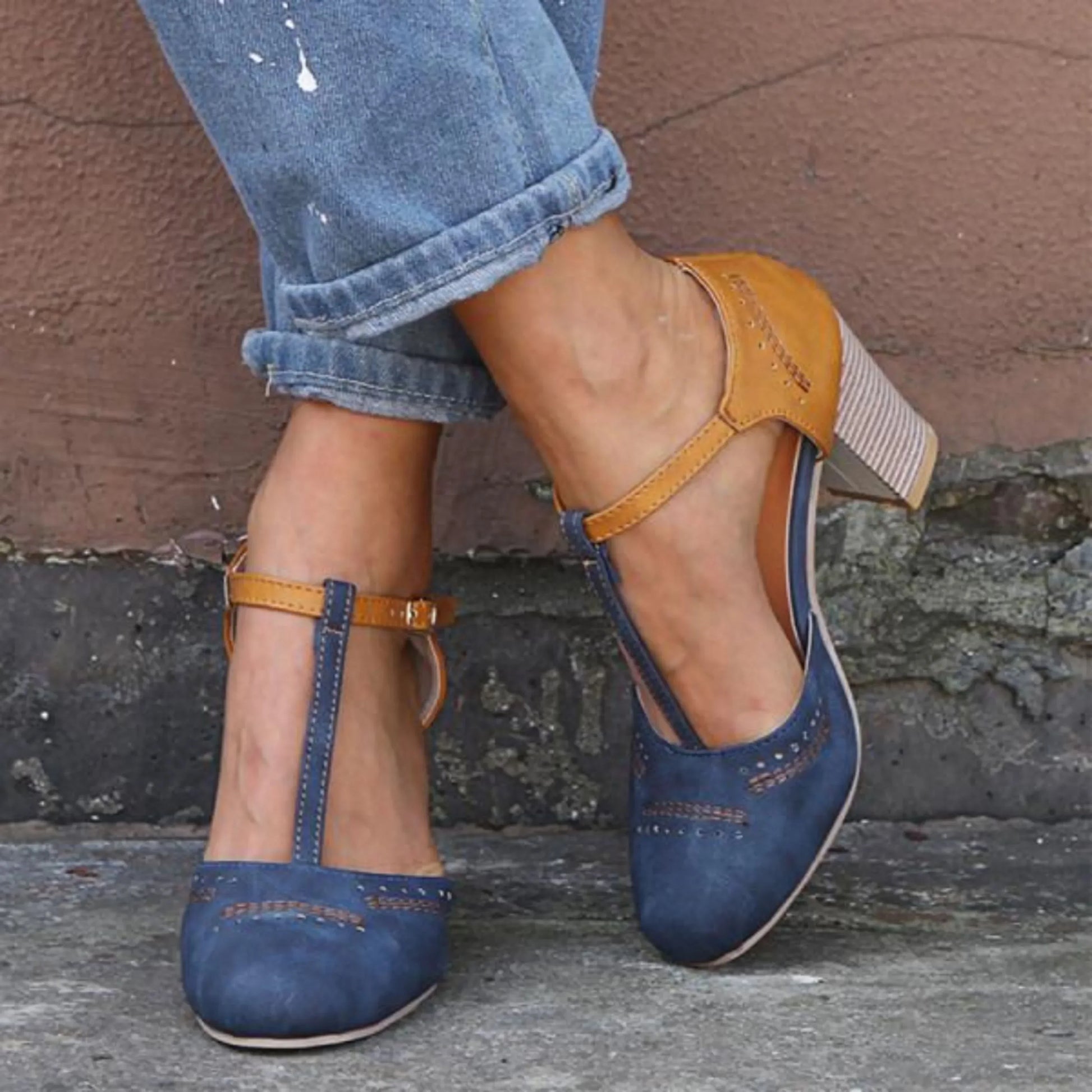 Women's vintage closed-toe pumps in classic neutral tone with retro silhouette and all-day comfort heel