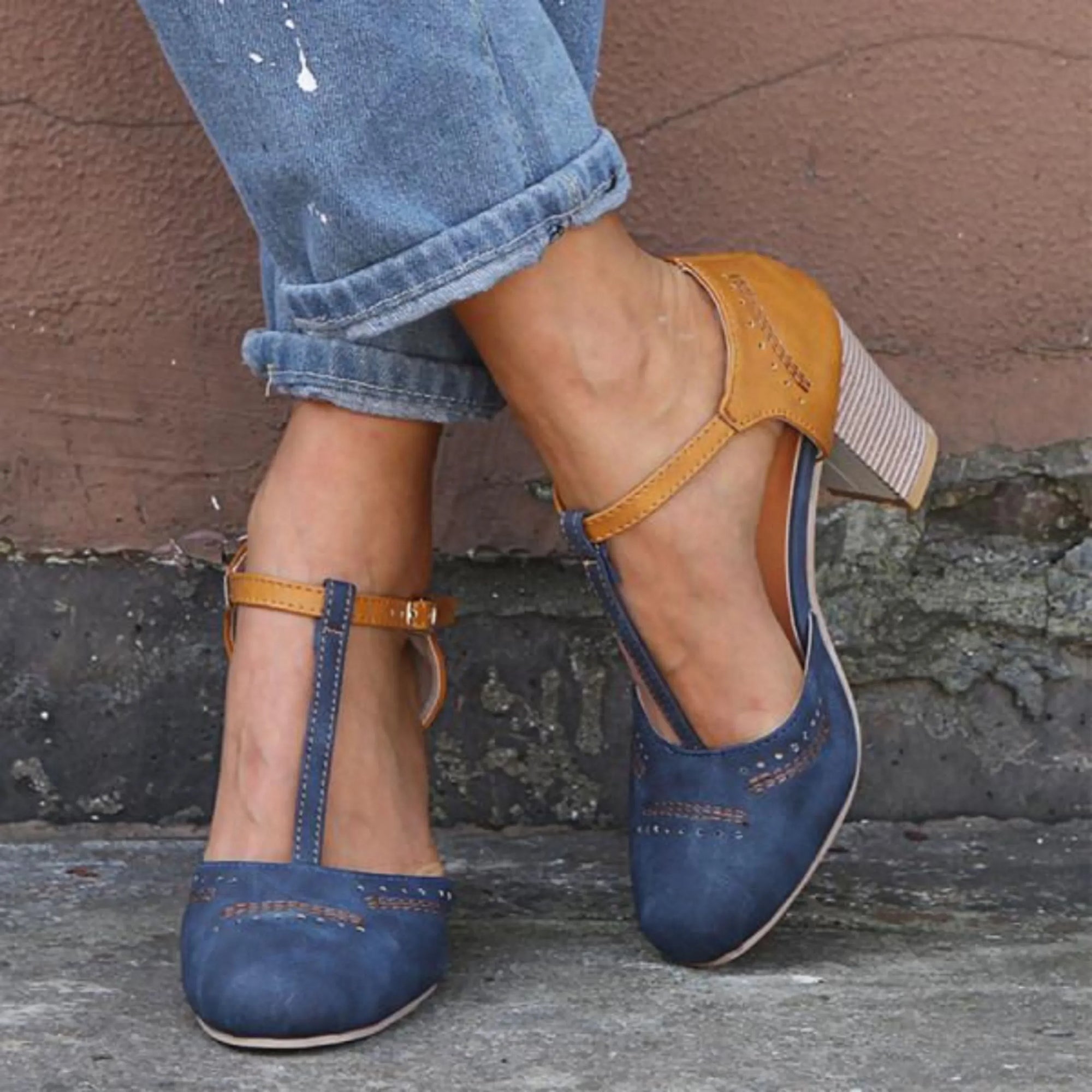 Women's vintage closed-toe pumps in classic neutral tone with retro silhouette and all-day comfort heel