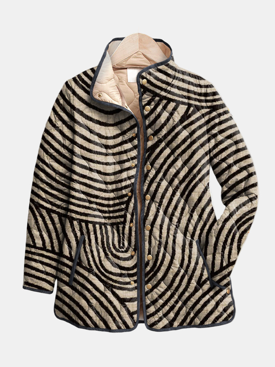 Women's lightweight quilted snap jacket with stand collar, patterned texture, relaxed layering coat
