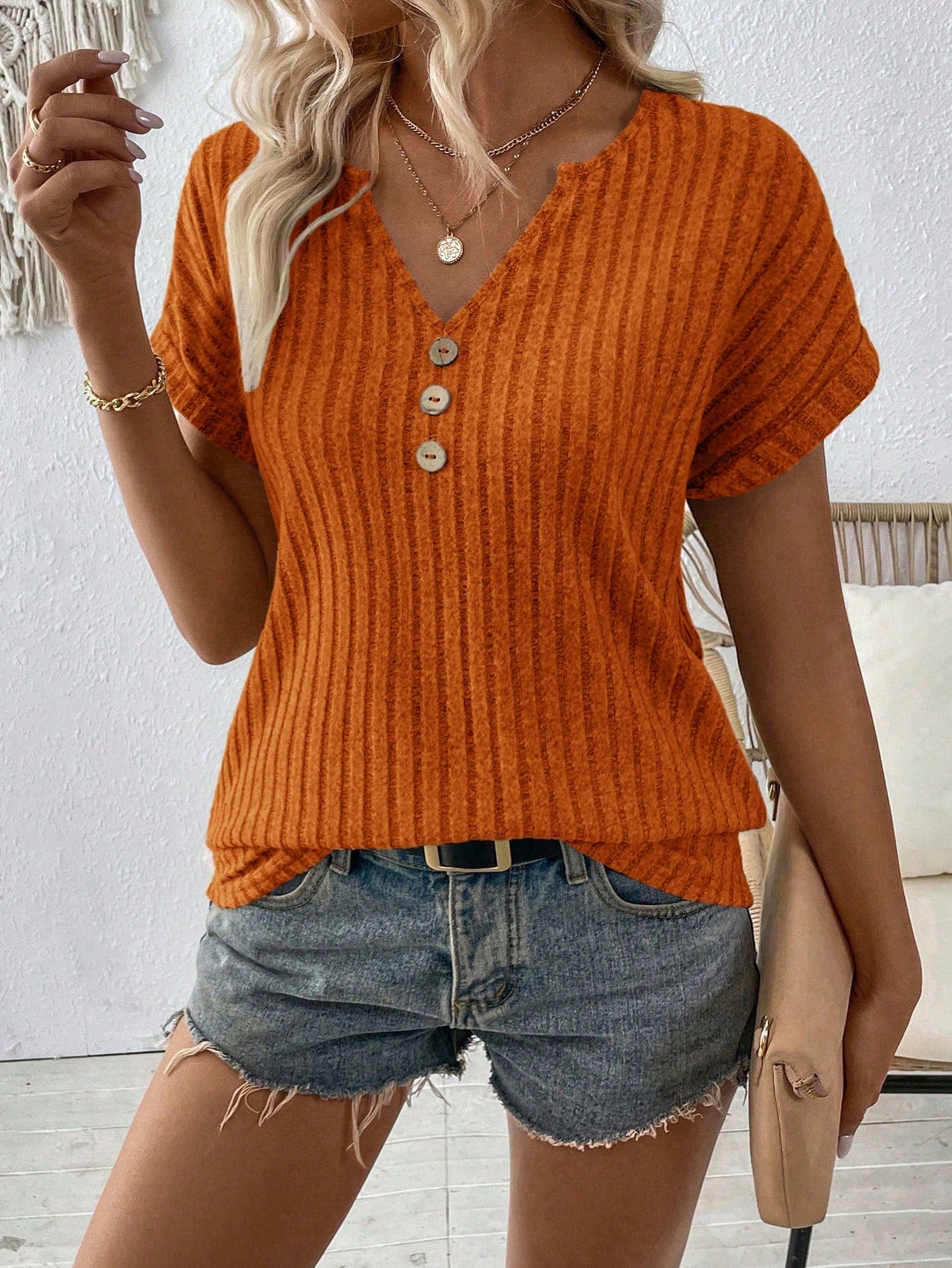 Women's ribbed knit V-neck top soft stretch fabric button placket sleeveless summer essential