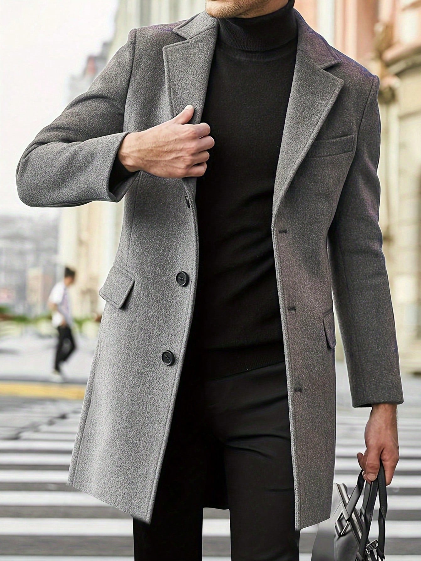 Men's winter trench coat classic button closure structured collar long cut polished business casual