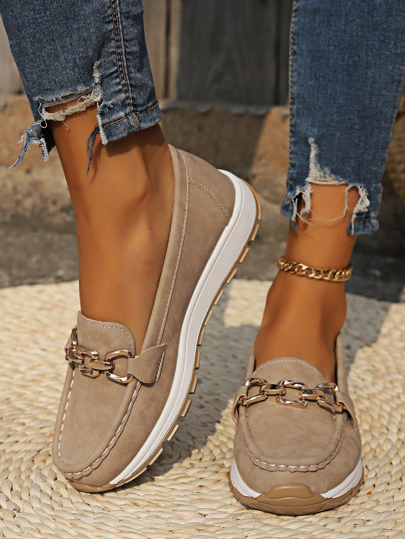 Women's brown suede platform loafers with buckle detail, moc toe orthopedic slip-on comfort shoes