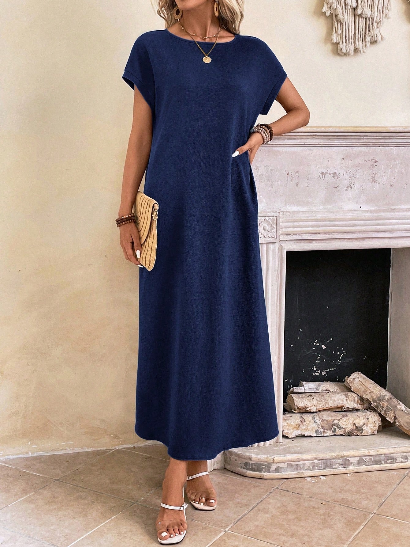 Women's black batwing sleeve tunic dress relaxed fit round neckline everyday casual style