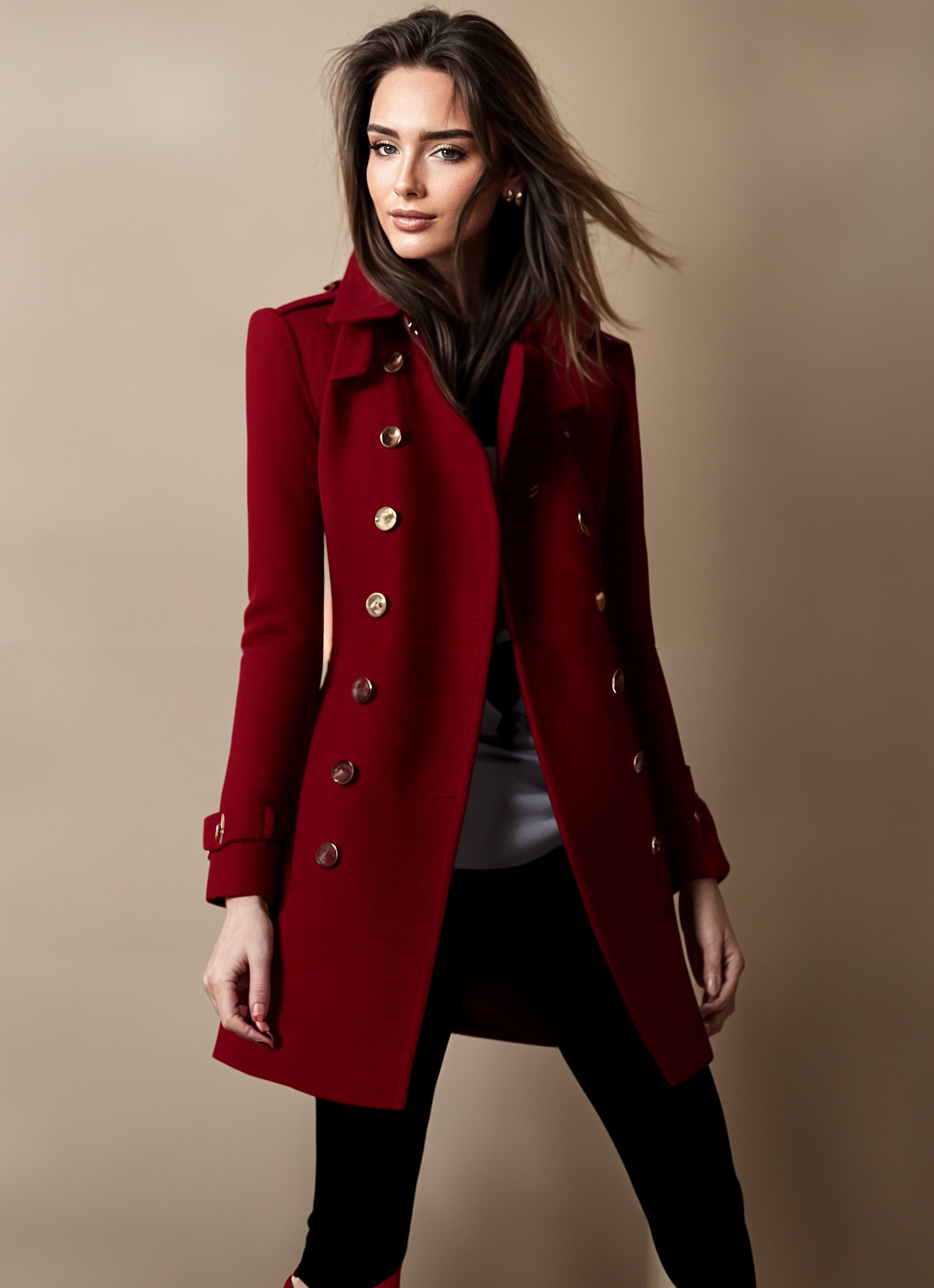 Women's double-breasted tailored wool blend coat classic notch lapel structured fit professional style