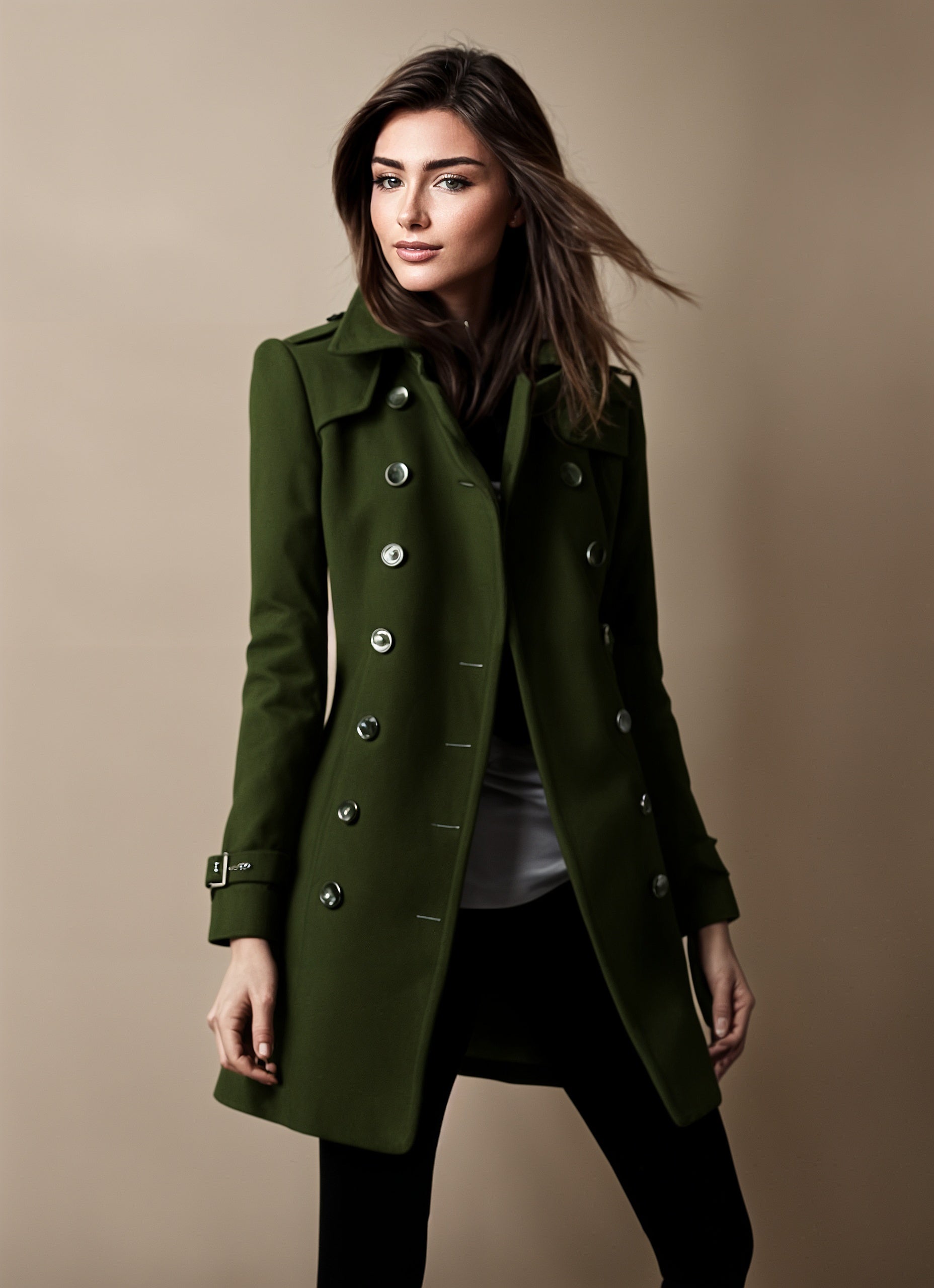Women's black double-breasted tailored wool blend coat with classic notch lapel for professional wear
