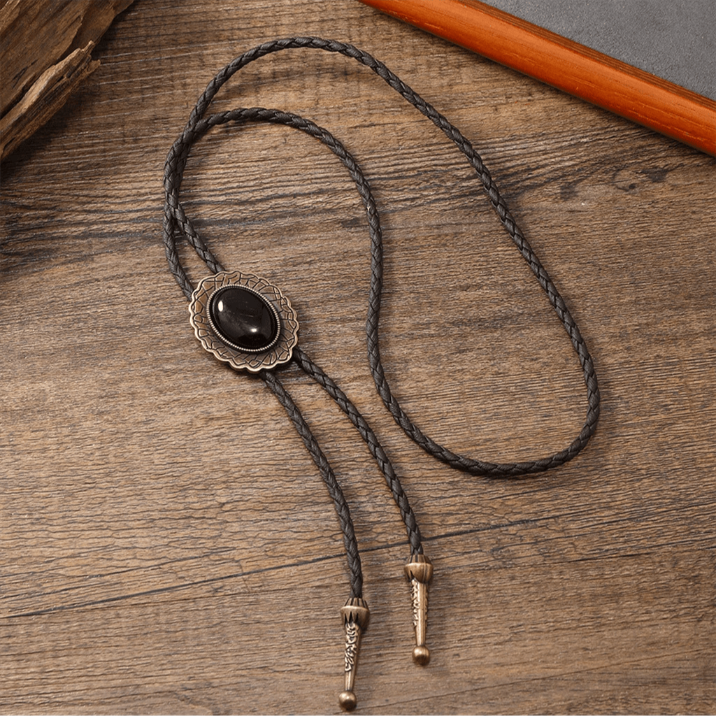 Renegade bolo tie tribal design turquoise stone silver metal leather western accessory bold statement
