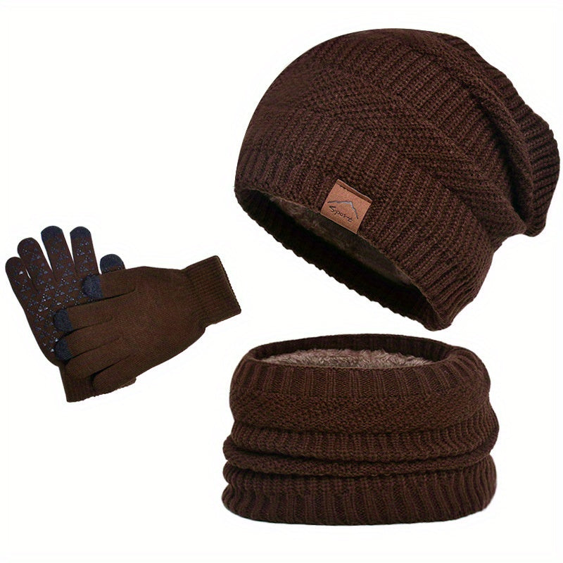 Men's winter plush 3-piece set hat scarf gloves cozy coordinated warmth in soft insulating fabric