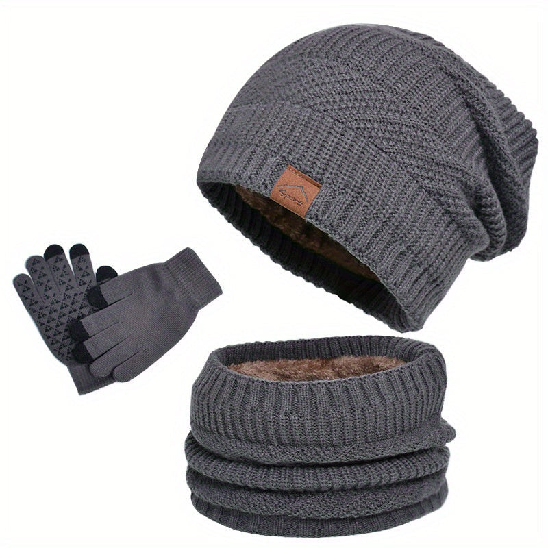 Men's winter plush 3-piece set hat scarf gloves cozy coordinated warmth in soft insulating fabric