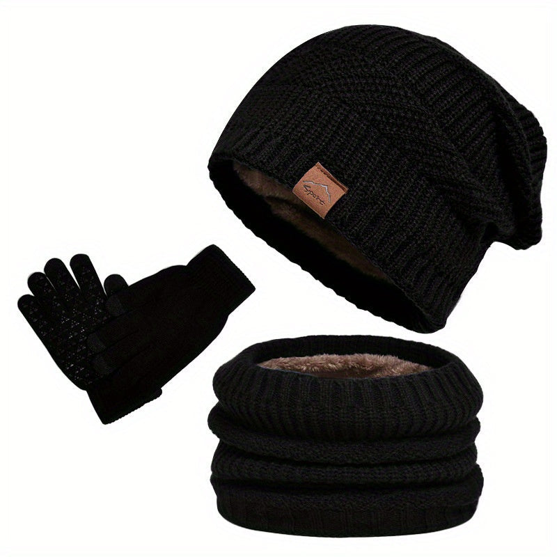 Men's gray plush 3-piece winter set with coordinated hat, scarf, and gloves for cozy warmth