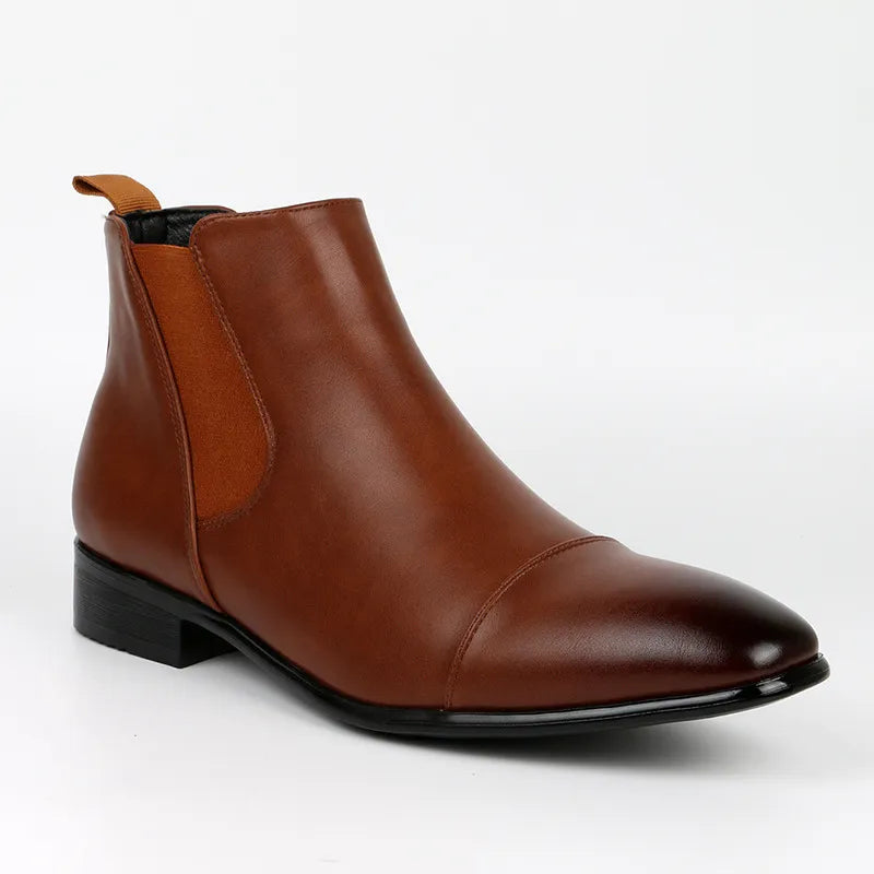 Men's black leather Chelsea boots with cap toe detail, elastic gusset, cushioned insole, sleek profile