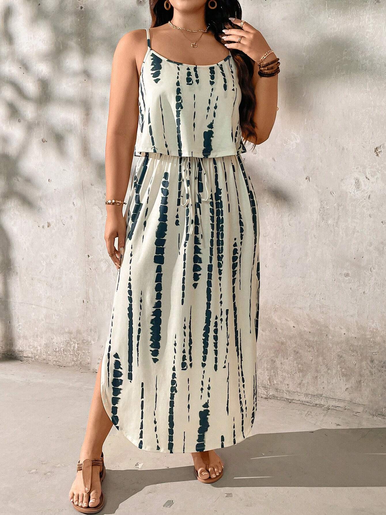 Plus size tie-dye midi summer set relaxed fit adjustable spaghetti straps breezy two-piece ensemble