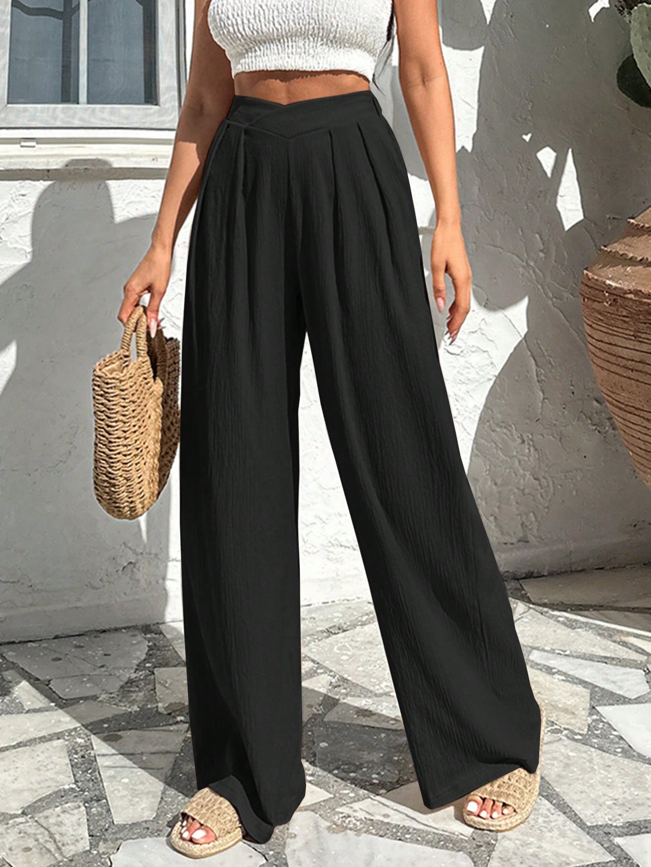 Women's wide-leg pleated trousers high-rise soft knit breathable fabric side zipper warm-weather travel