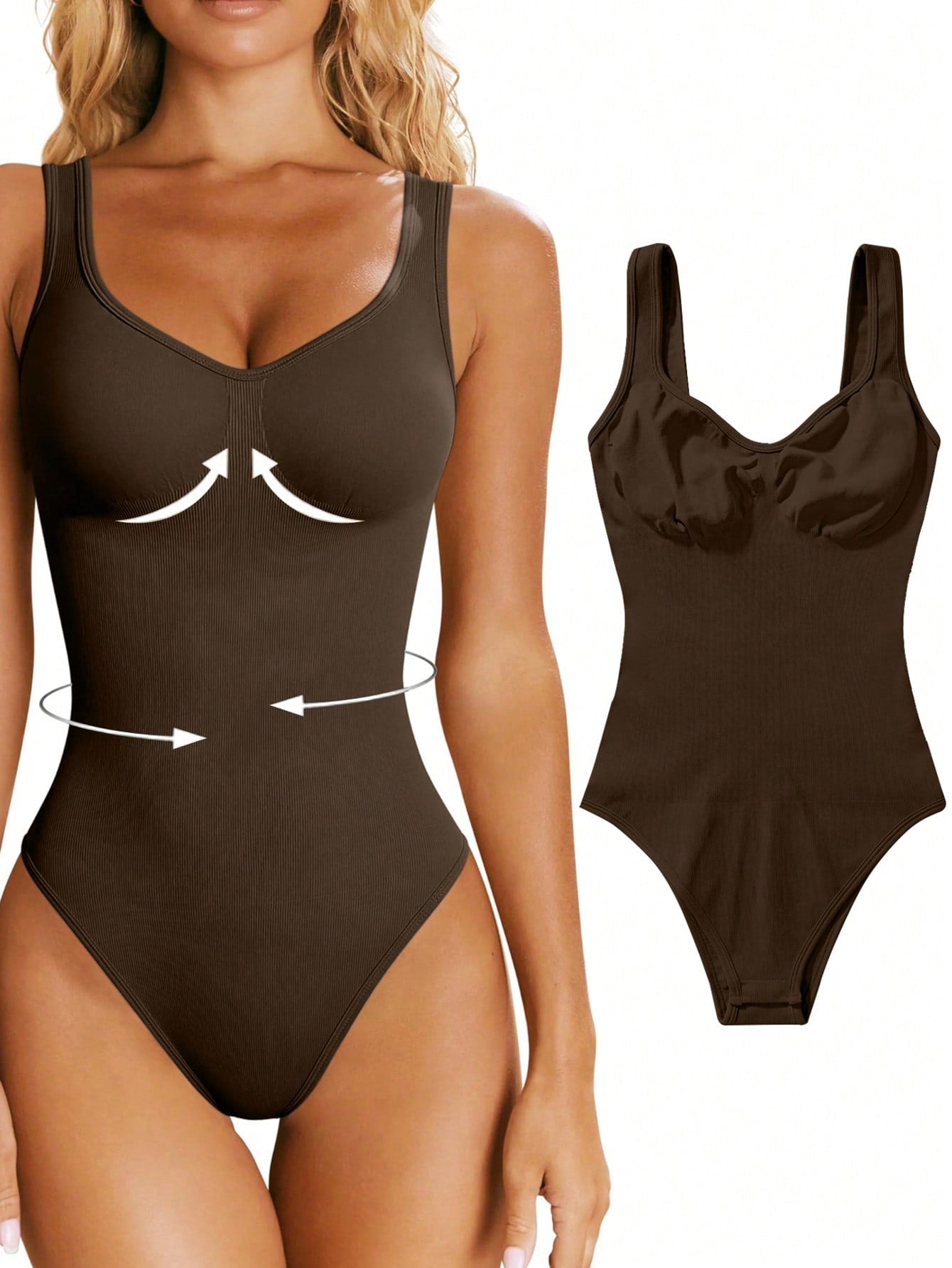 Nude seamless shaping bodysuit for women with wide straps, removable padding, and slim-fit silhouette