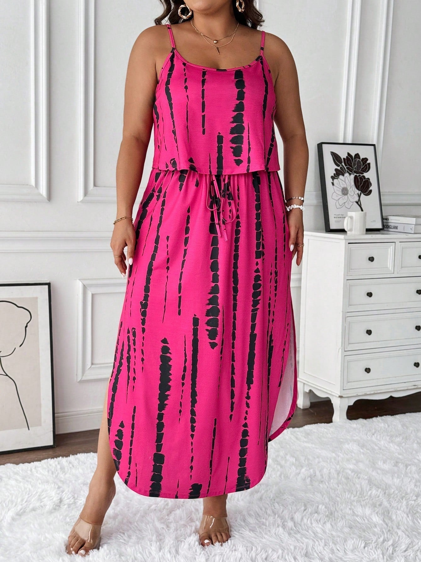 Plus size tie-dye midi summer set relaxed fit adjustable spaghetti straps breezy two-piece ensemble
