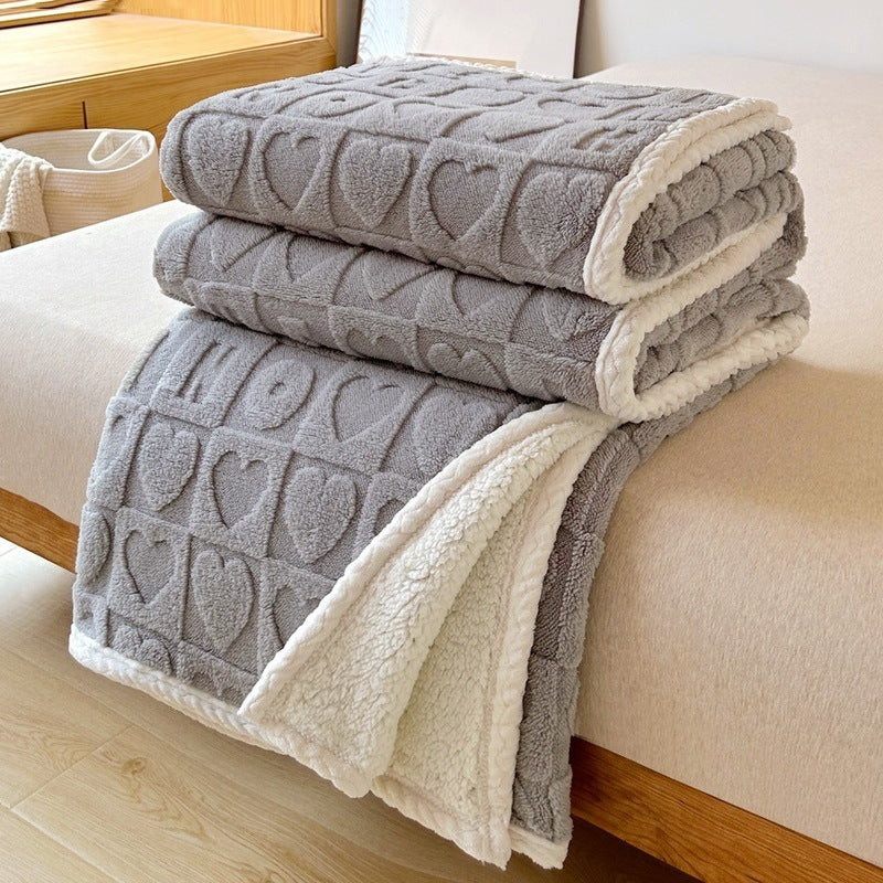 Soft blue embossed heart sherpa blanket reversible plush design for cozy bedroom and sofa use