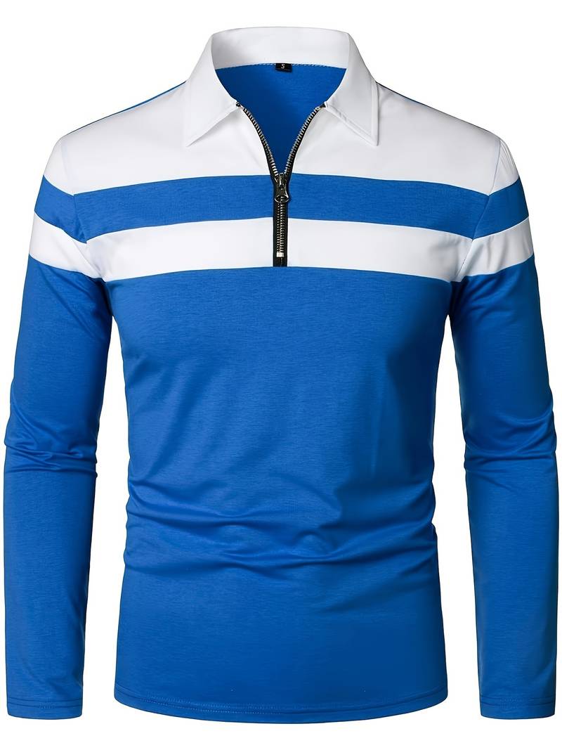 Men's navy blue long sleeve zip-up polo shirt modern front zip casual semi-formal versatile fit