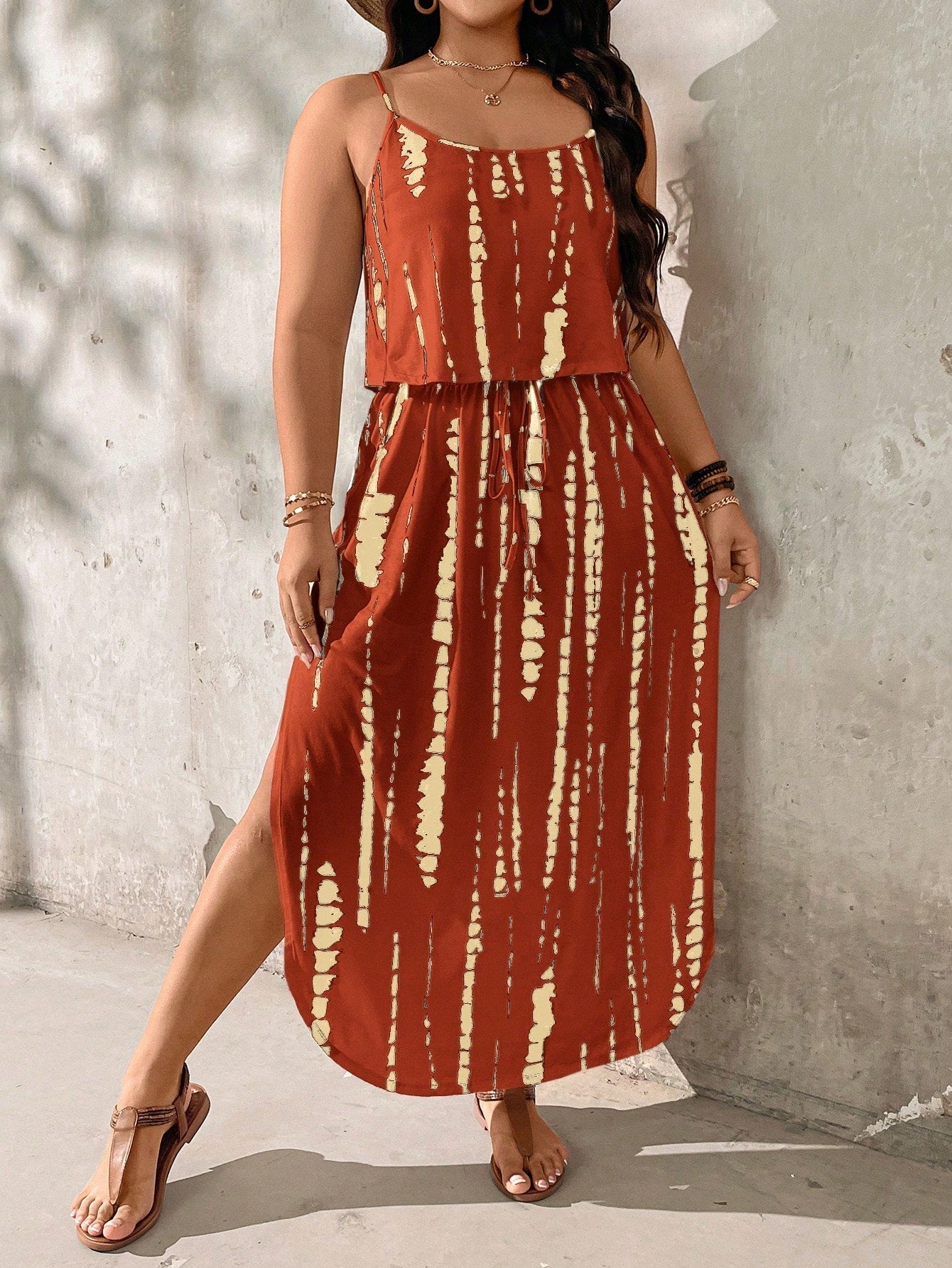 Plus size tie-dye midi summer set relaxed fit with adjustable spaghetti straps