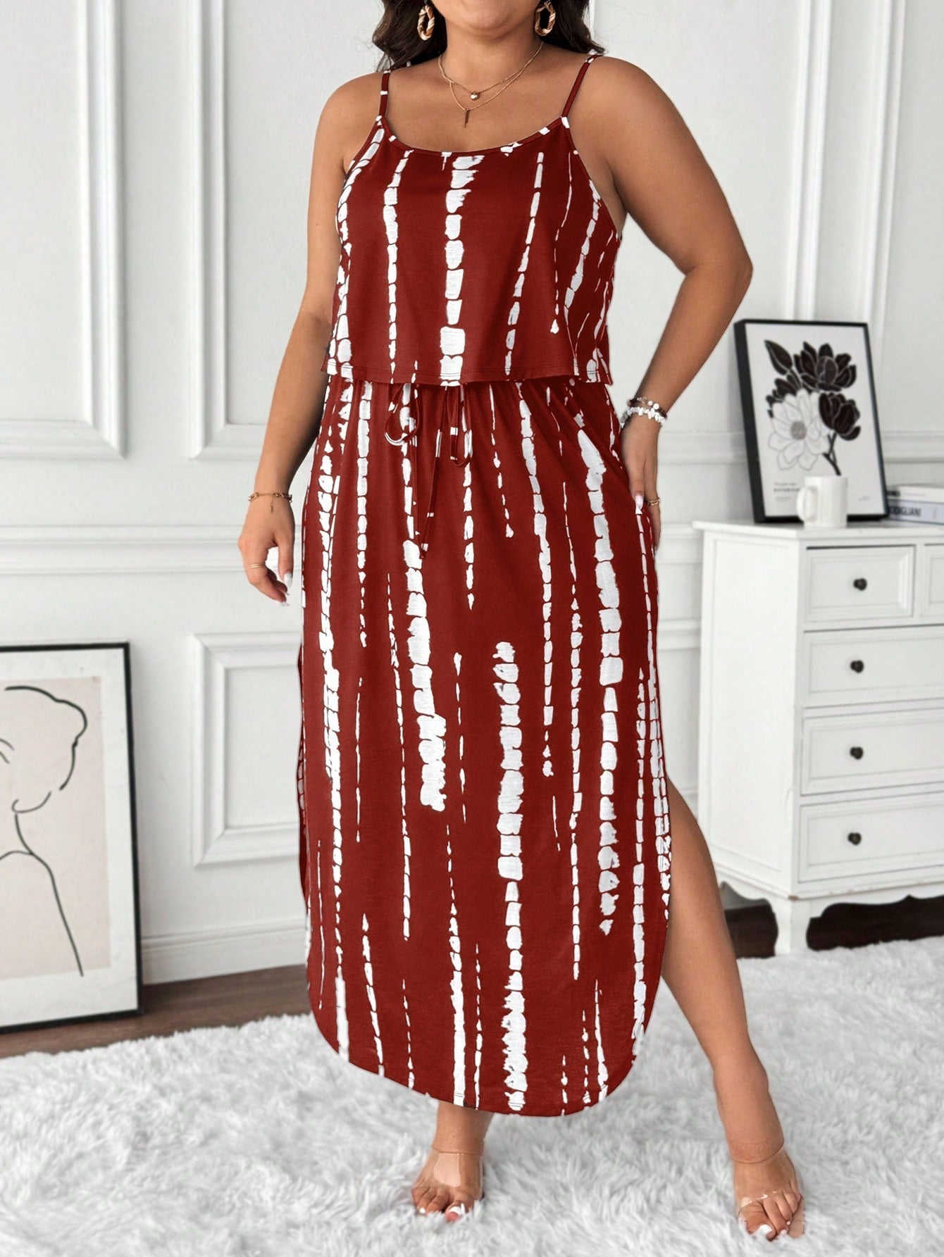 Plus size tie-dye midi summer set relaxed fit adjustable spaghetti straps breezy two-piece ensemble