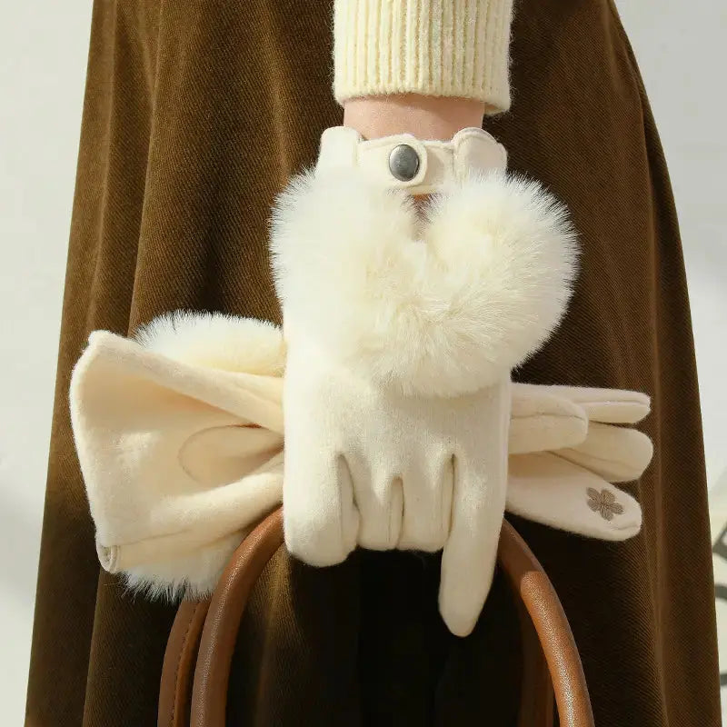 Women's faux fur winter gloves soft cashmere blend touchscreen-compatible with embroidered rabbit fur accents