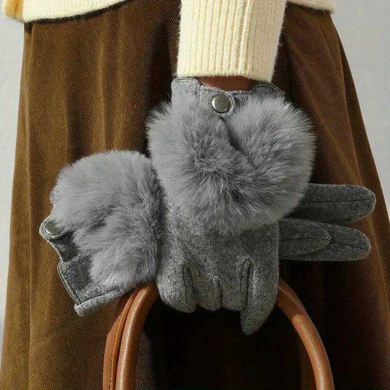 Women's faux fur winter gloves soft cashmere blend touchscreen-compatible embroidered rabbit fur accents