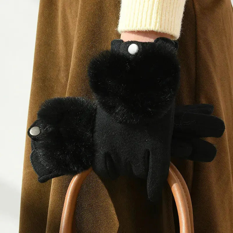 Women's faux fur winter gloves soft cashmere blend touchscreen-compatible with embroidered rabbit fur accents