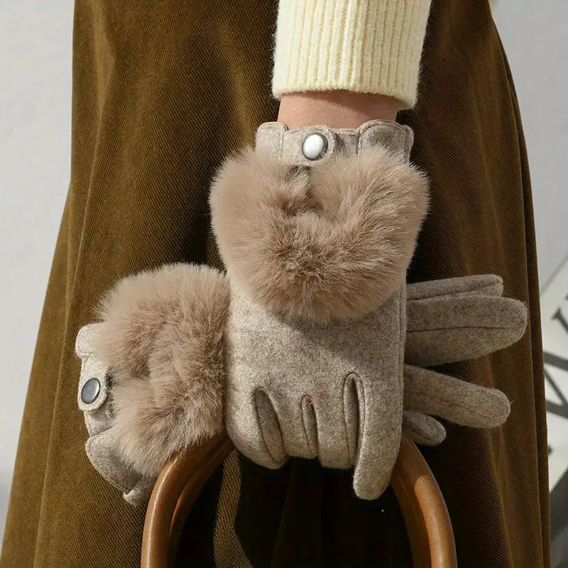 Women's faux fur winter gloves soft cashmere blend touchscreen compatible embroidered rabbit fur accents