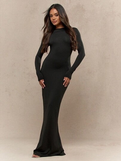 Women's black jersey maxi dress long sleeve fishtail hem round neck elegant all-occasion