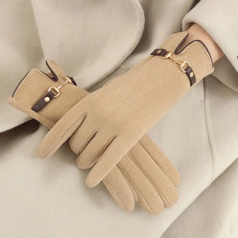 Black windproof touchscreen gloves with buckle detail and cozy warm interior for cold weather outdoor use