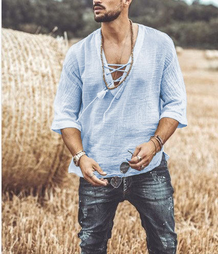 Men's relaxed-fit white cotton shirt with lace closure neckline, breathable everyday casual style