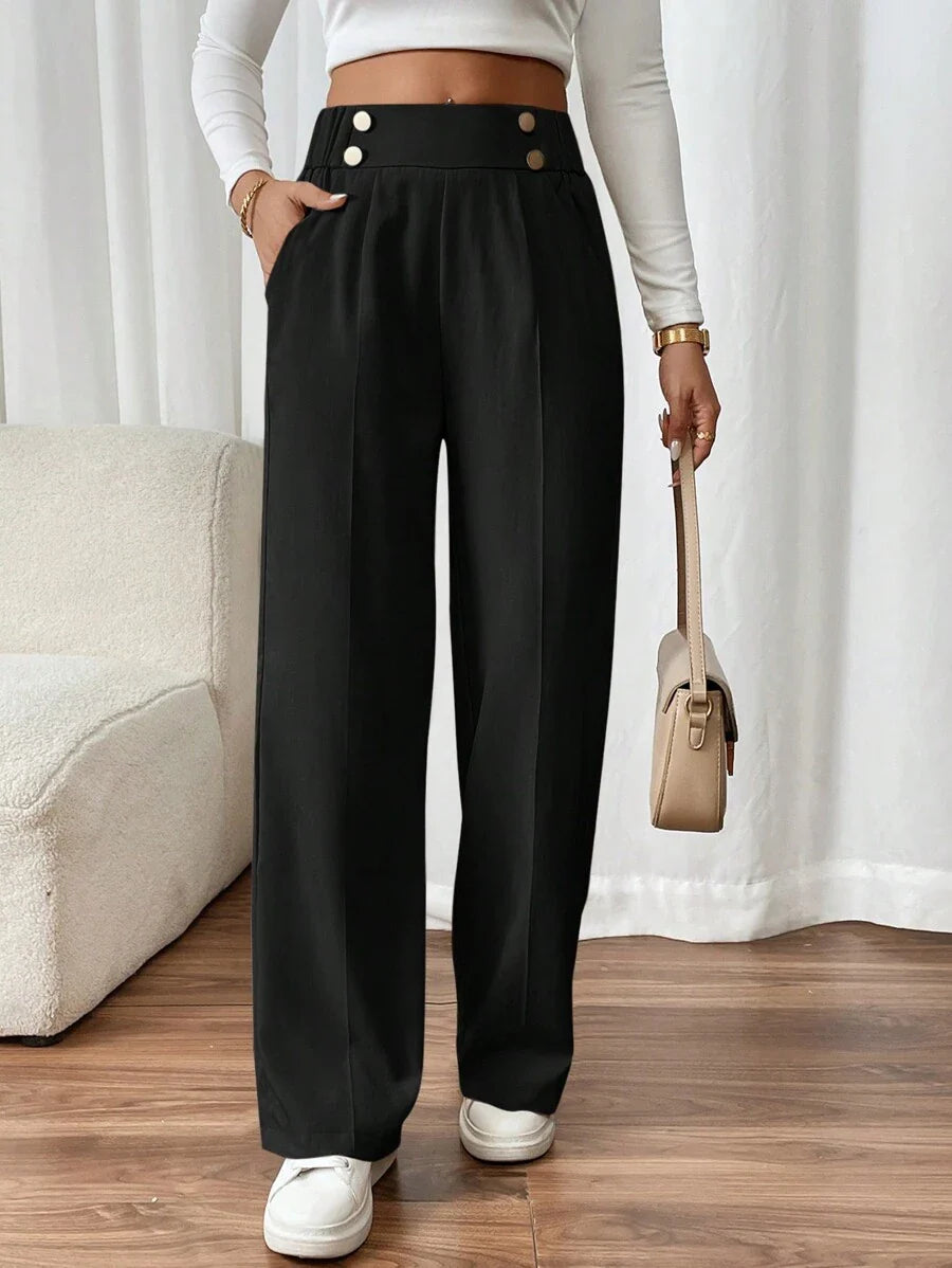 Women's high-waist straight-leg trousers with luxe gold double buckle detail for polished style