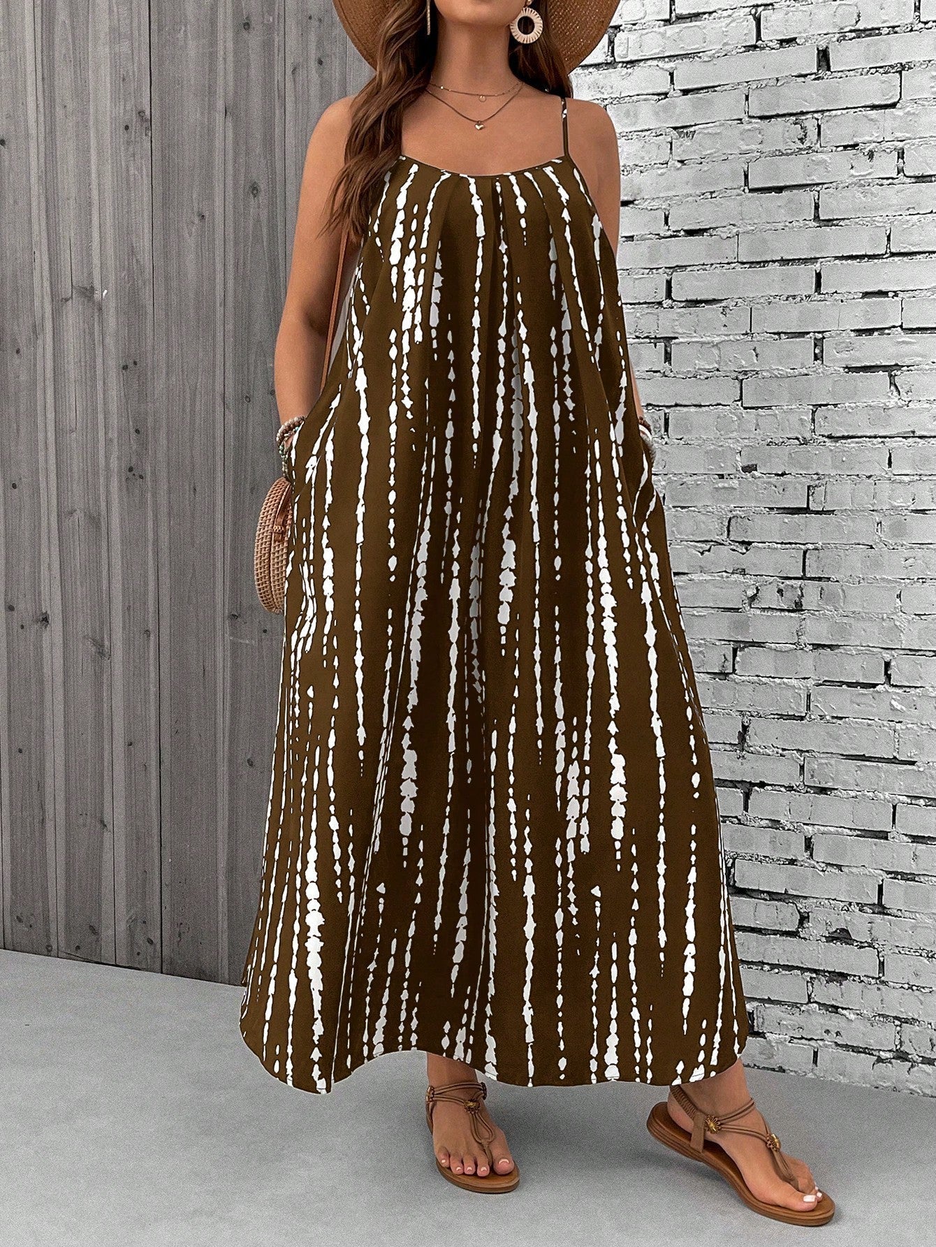 Paisley boho plus size maxi dress in flowing fit with spaghetti straps, beach-ready summer style