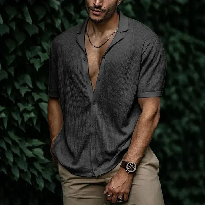 Men's relaxed-fit linen cotton short sleeve shirt, lightweight open-collar design for summer