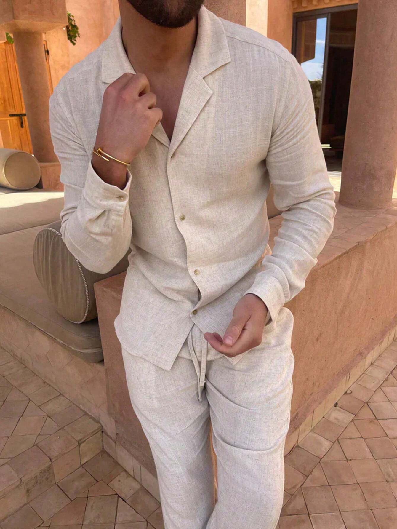 Men's gray relaxed-fit long sleeve pajama set, ultra-soft two-piece loungewear with matching pants