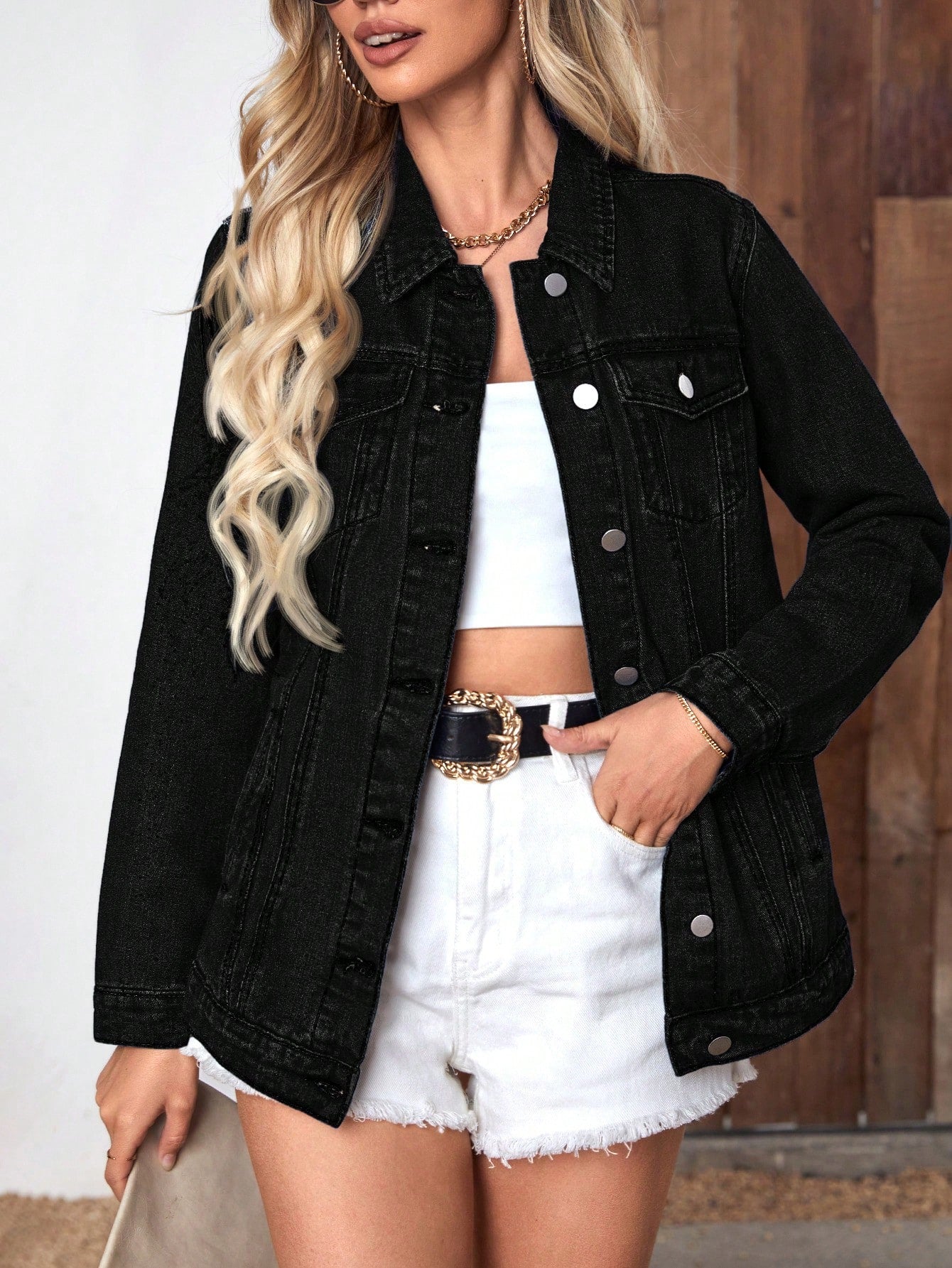 Women's oversized blue denim jacket relaxed fit cotton blend with classic button-front detail