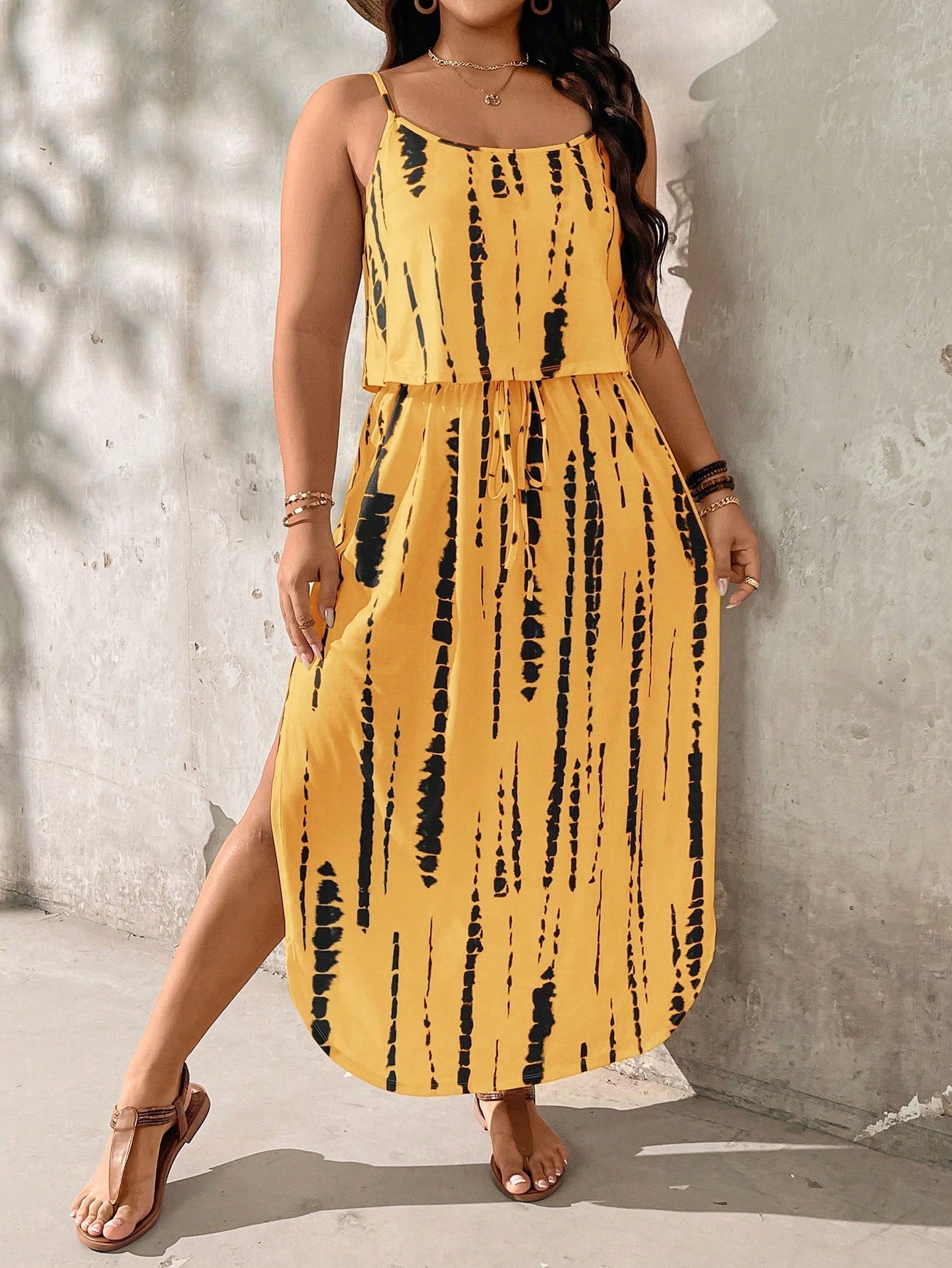 Plus size tie-dye midi summer set relaxed fit adjustable spaghetti straps breezy two-piece