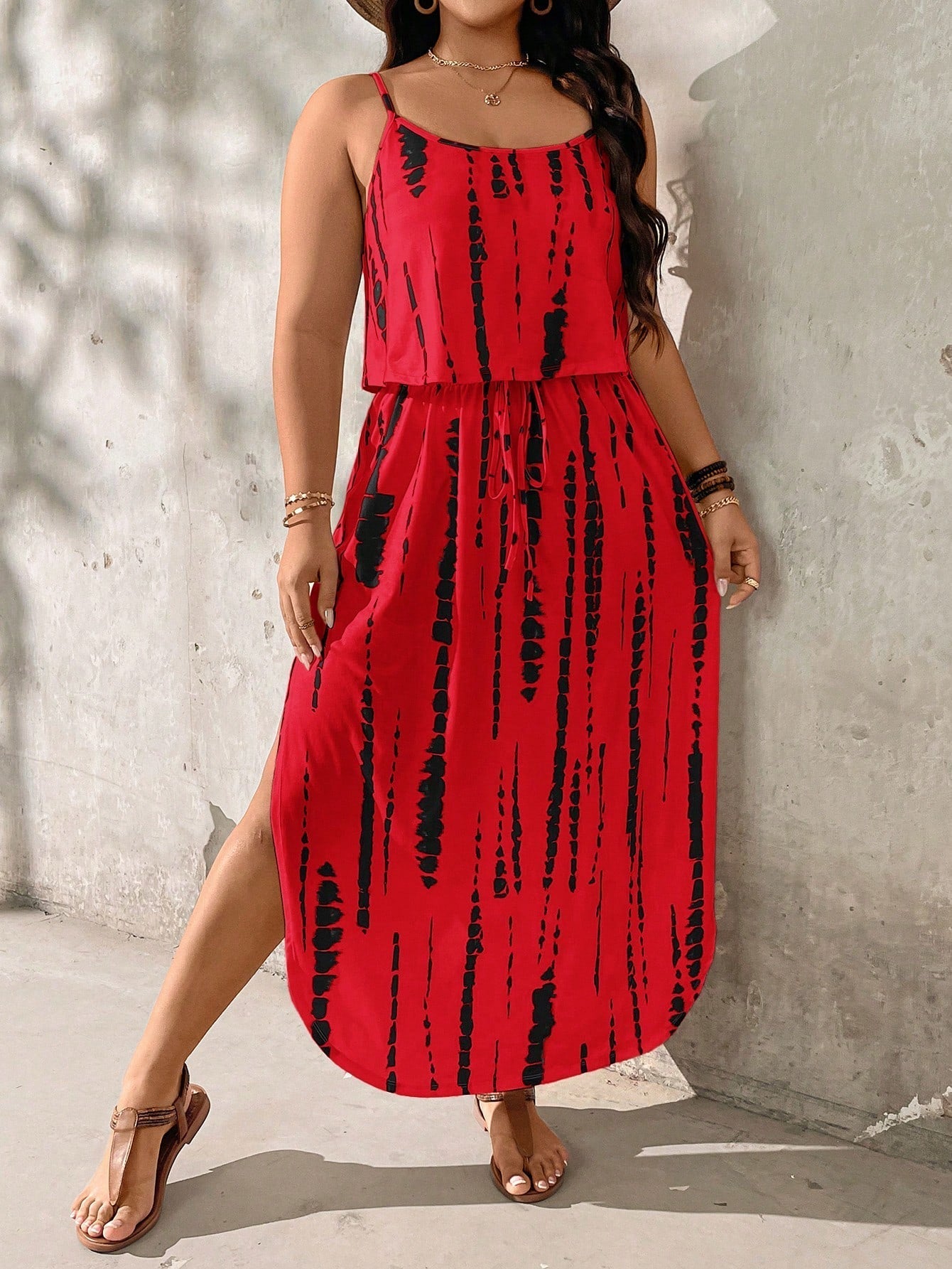 Plus size tie-dye midi summer set relaxed fit adjustable spaghetti straps breezy casual ensemble