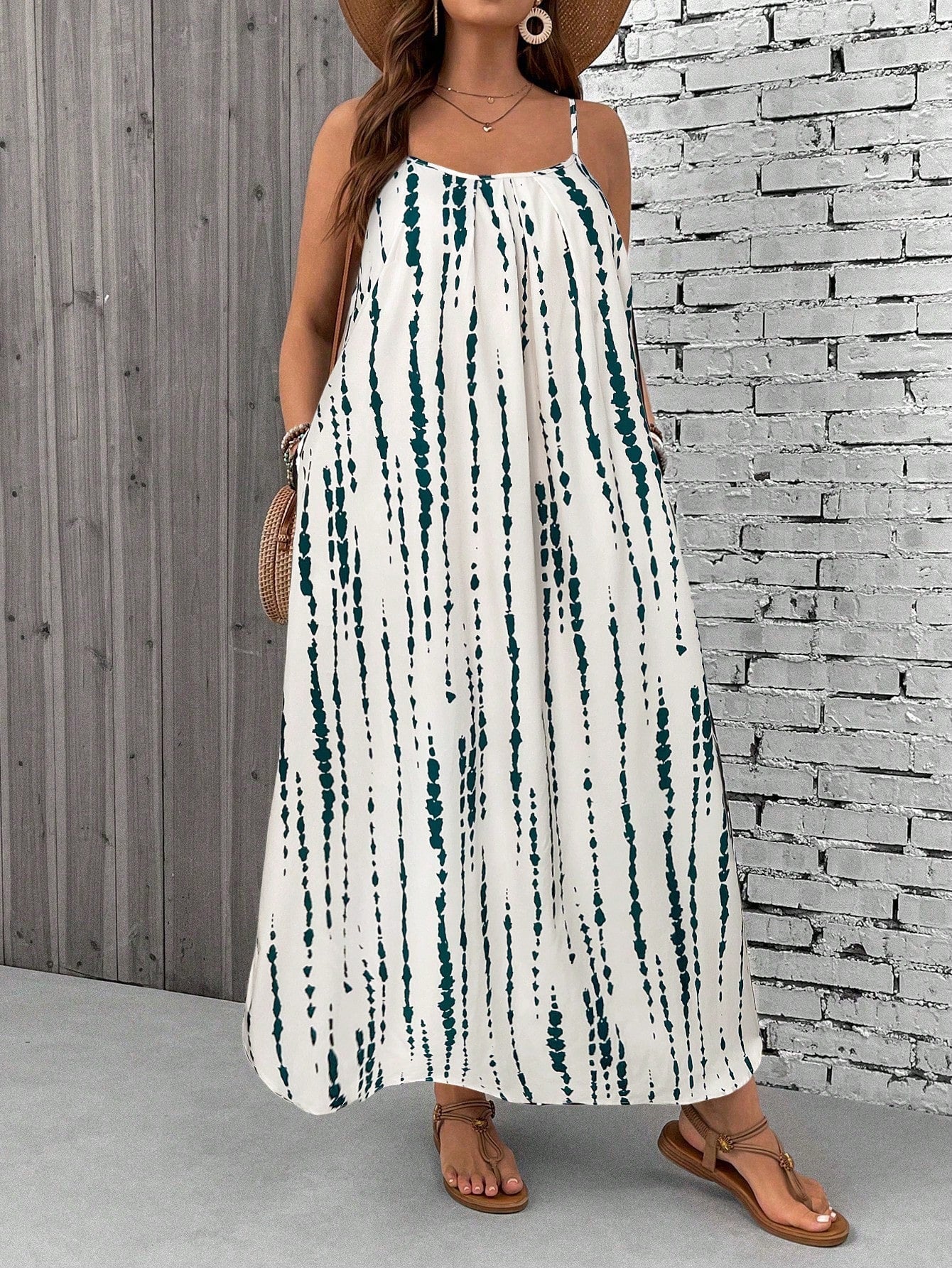 Paisley boho plus size maxi dress in flowing fit with spaghetti straps, beach-ready summer style