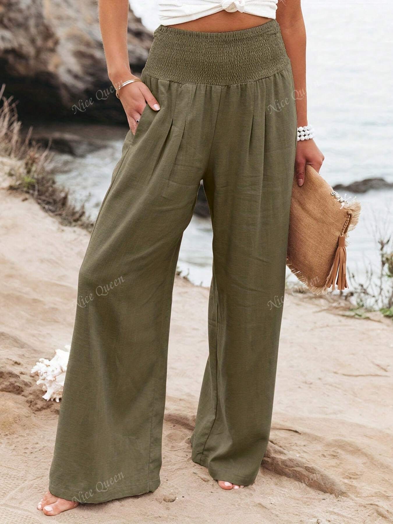 Women's wide leg linen-look pants in neutral tones, flattering high-rise silhouette for everyday wear
