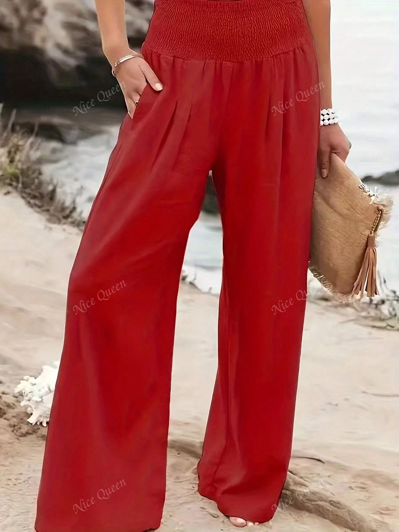 Women's wide leg linen-look pants in neutral tones, flattering high-rise silhouette for everyday wear