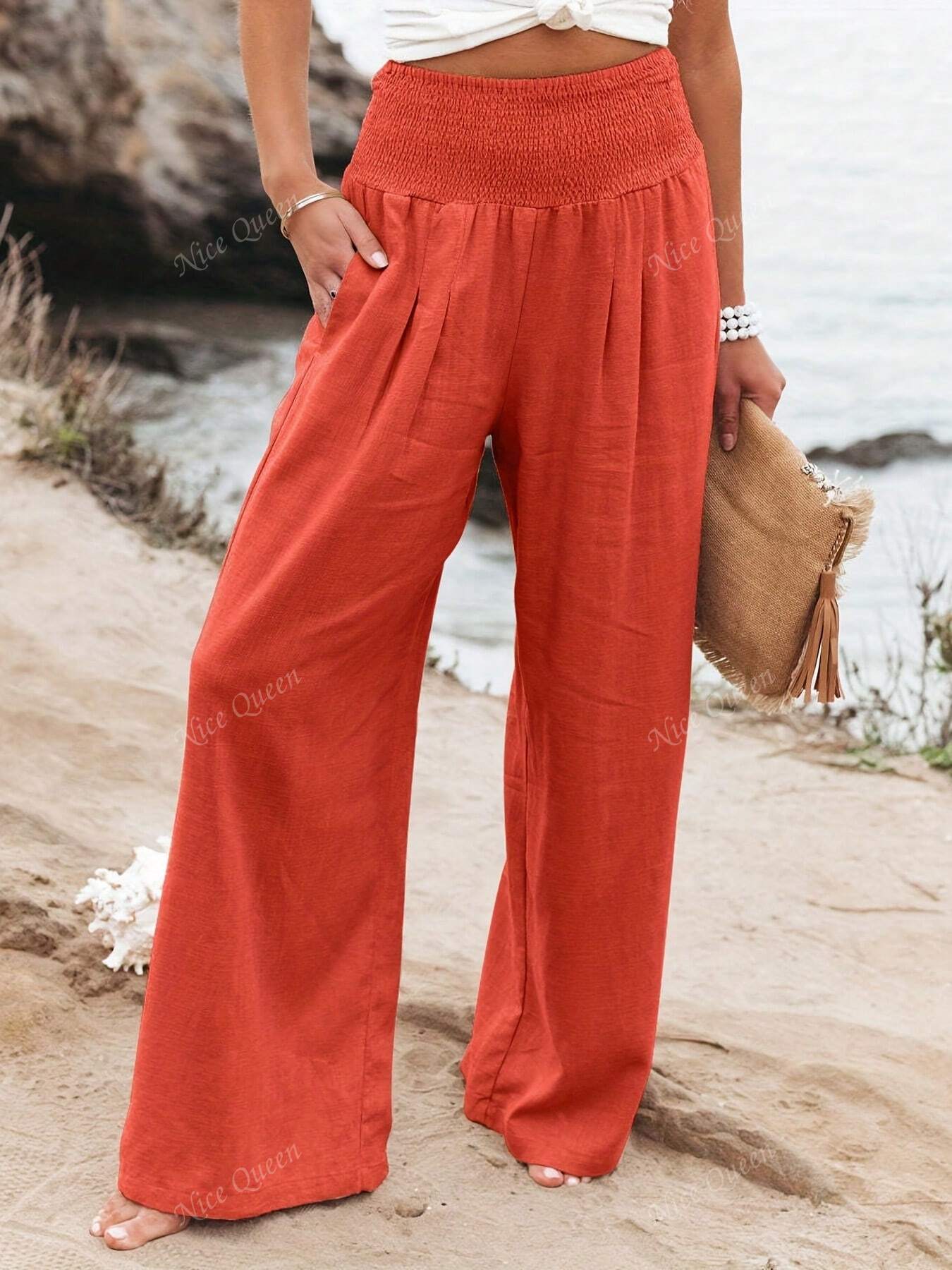 Women's wide leg linen-look pants in neutral tone, flattering high-rise cut with breathable everyday style