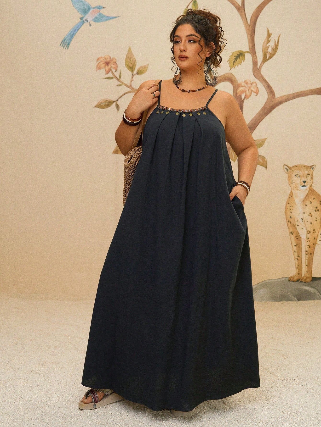 Paisley boho plus size maxi dress in flowing fit with spaghetti straps, beach-ready summer style