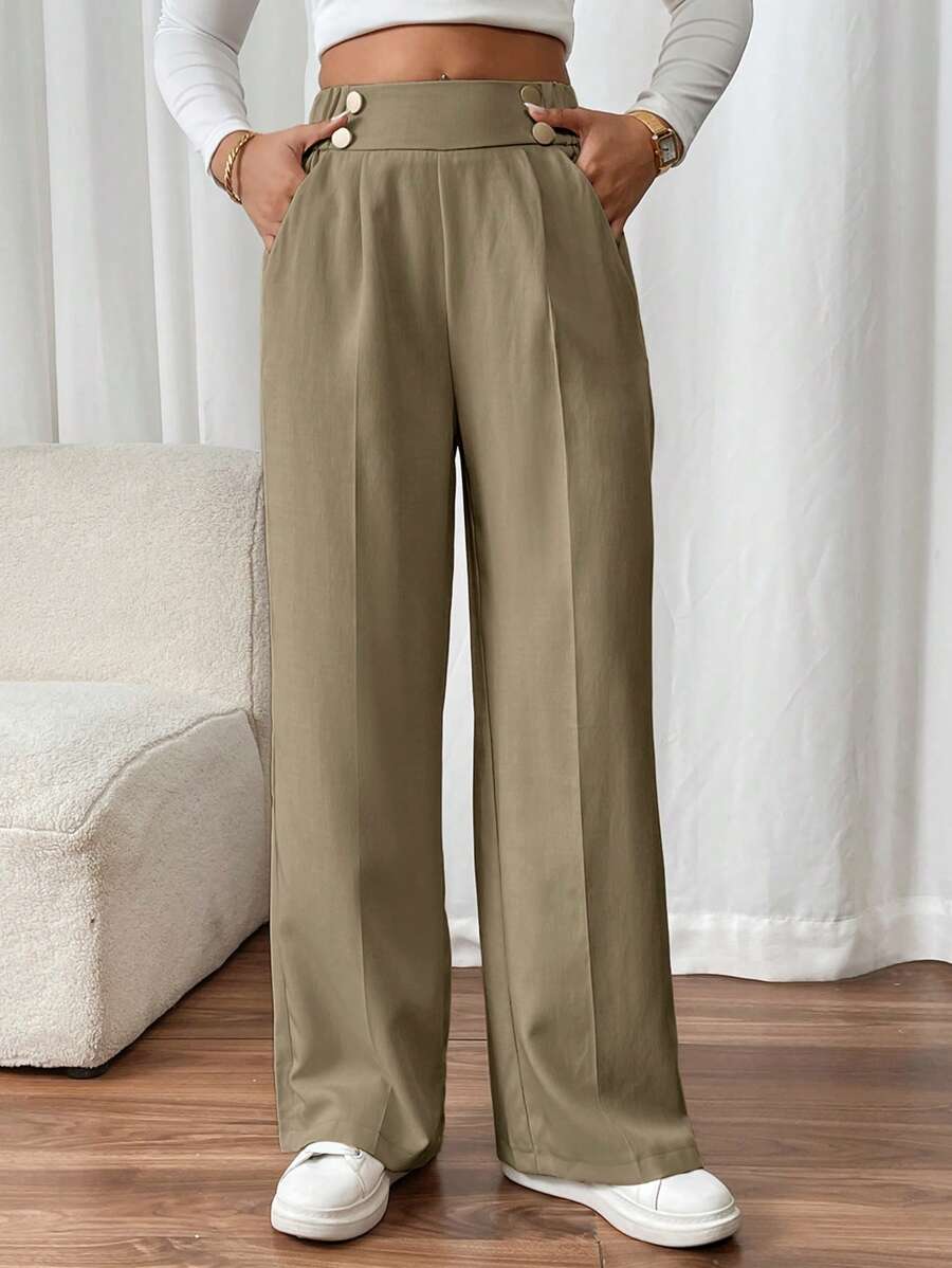 Women's high-waist straight-leg trousers with luxe gold double buckle detail for polished versatile style