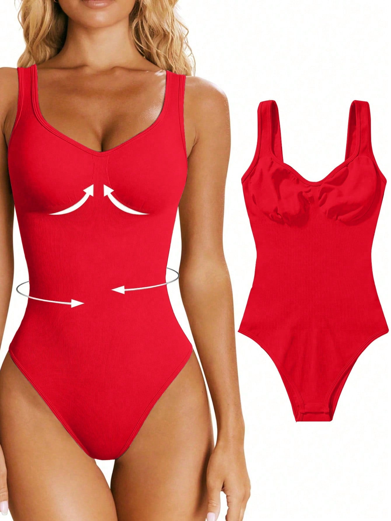 Beige seamless shaping bodysuit for women with wide straps, removable padding, and slim sculpted fit